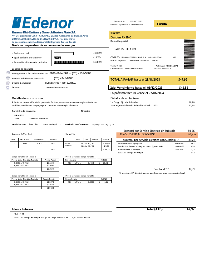 Argentina Edenor easy to fill business utility bill template in Word  and PDF format PSD template